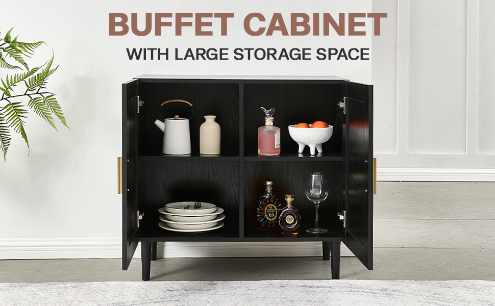 Side panel buffet cabinet with natural rattan door, rattan storage cabinet with adjustable shelves, side panel and buffet with storage space, modern console cabinet in bedroom and living room