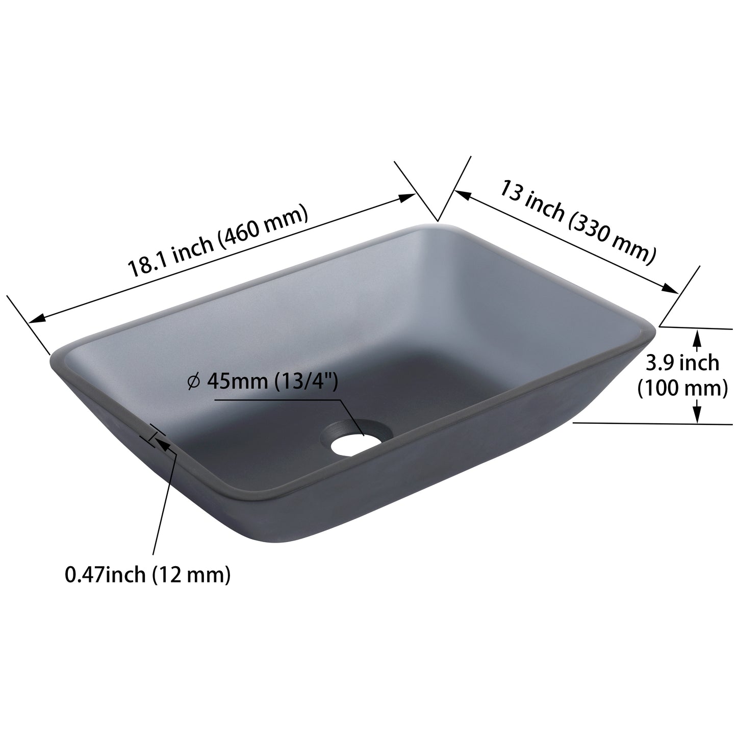 Tempered Glass Matte Bathroom Vessel Sink, Rectangle Bathroom Basin (Tempered Glass Matt Gray)