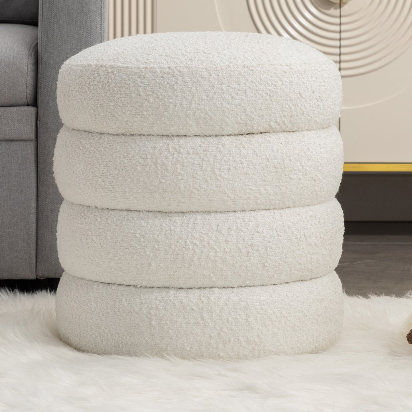 Soft Boucle Round Ottoman Footrest Stool,White