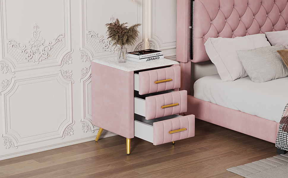 Upholstered Wooden Nightstand with 3 Drawers and Metal Legs&Handles,Fully Assembled Except Legs&Handles,Bedside Table with Marbling Worktop - Pink