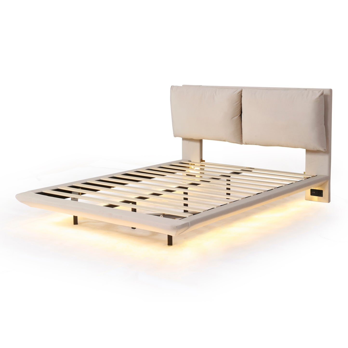 Queen Size Upholstered Platform Bed with Sensor Light and 2 Large Backrests, Stylish Platform Bed with 2 sets of USB Port and Socket on each rear Bed Leg, Beige