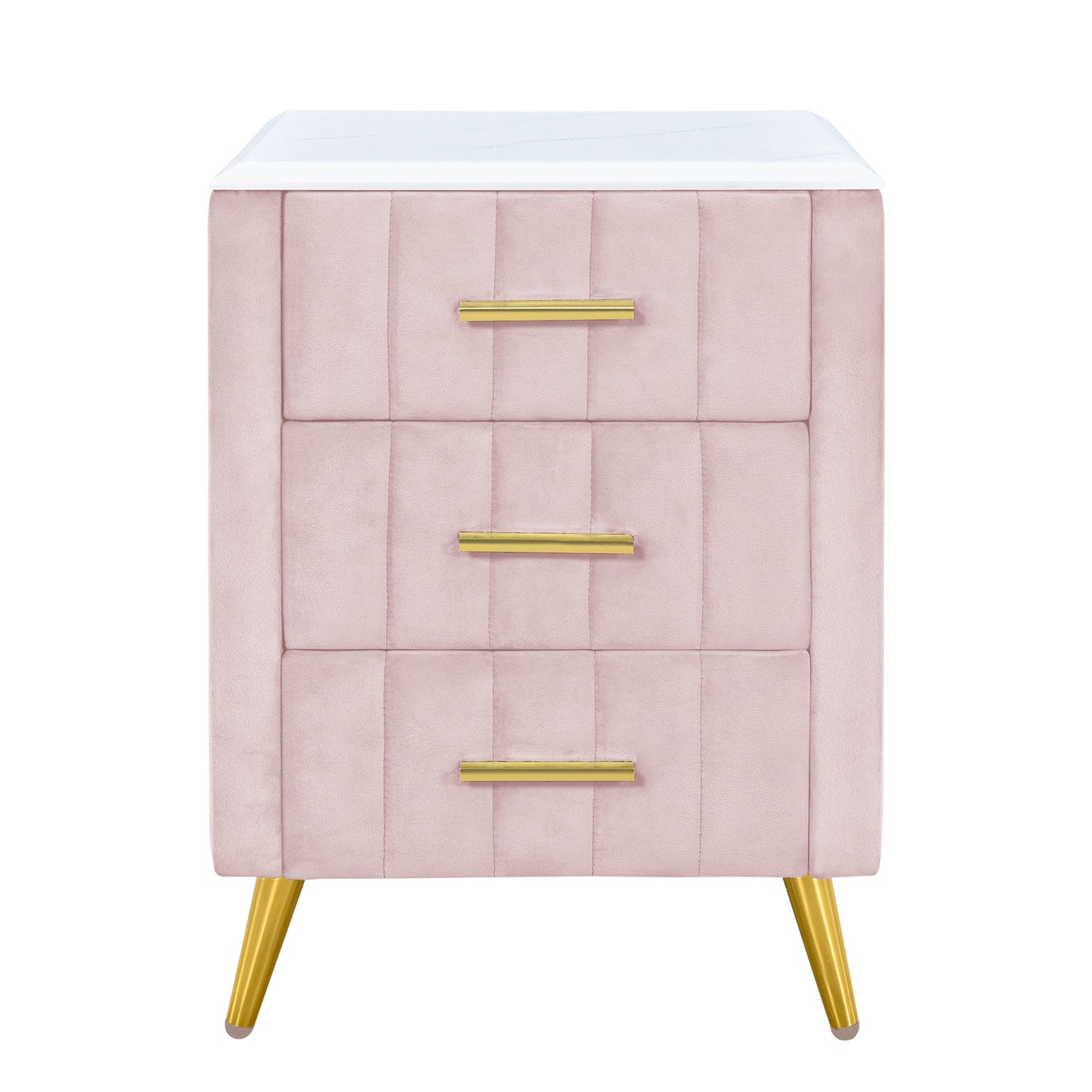 Upholstered Wooden Nightstand with 3 Drawers and Metal Legs&Handles,Fully Assembled Except Legs&Handles,Bedside Table with Marbling Worktop - Pink