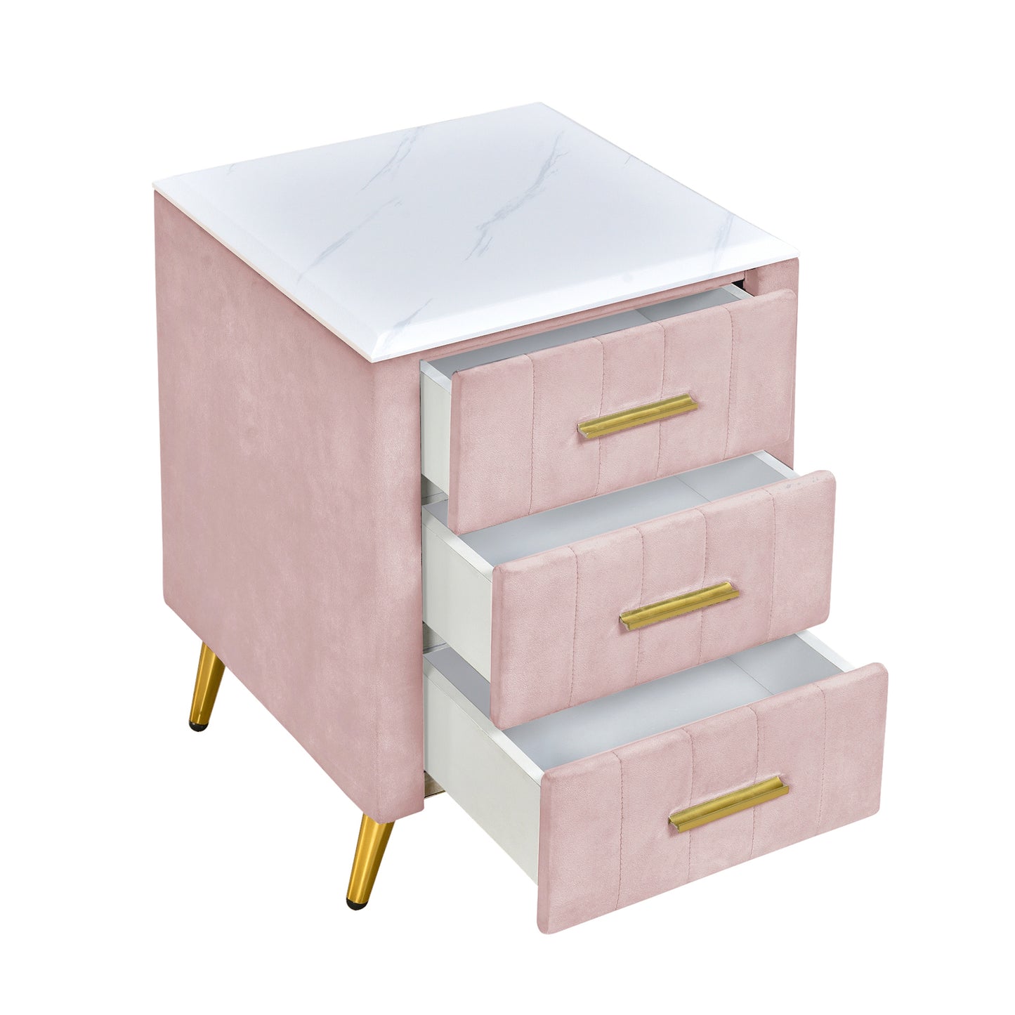 Upholstered Wooden Nightstand with 3 Drawers and Metal Legs&Handles,Fully Assembled Except Legs&Handles,Bedside Table with Marbling Worktop - Pink