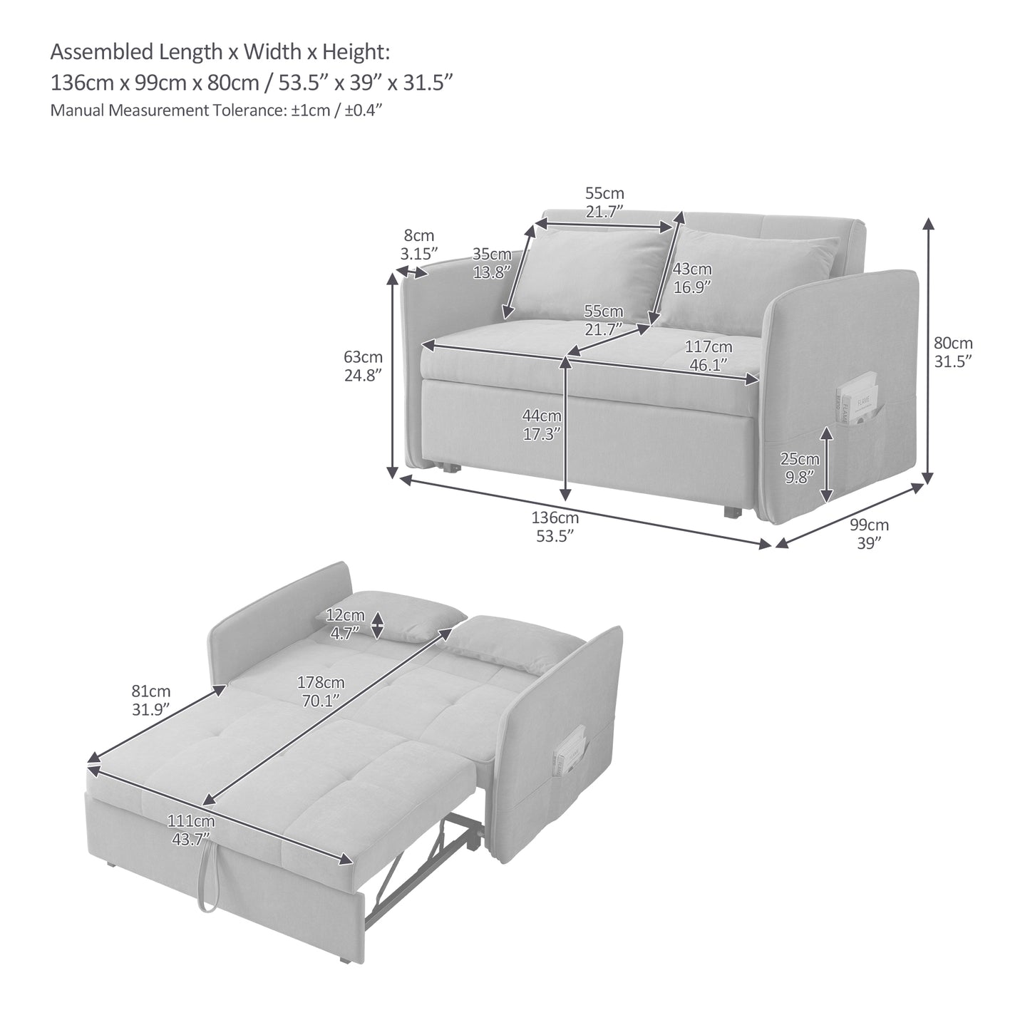 （缺货）[VIDEO provided]Chenille fabric pull-out sofa bed,sleeper loveseat couch with adjustable armrests-Pink