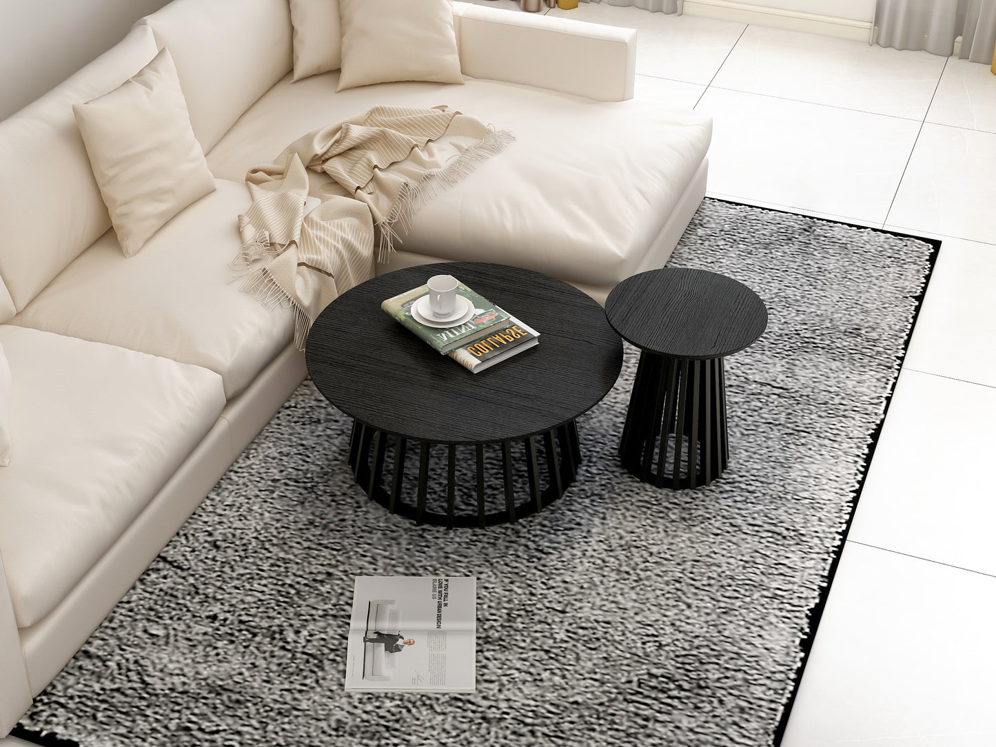 Round Coffee Table Set of 2, Grille Molding, Suitable for Bedroom, Living Room, Balcony