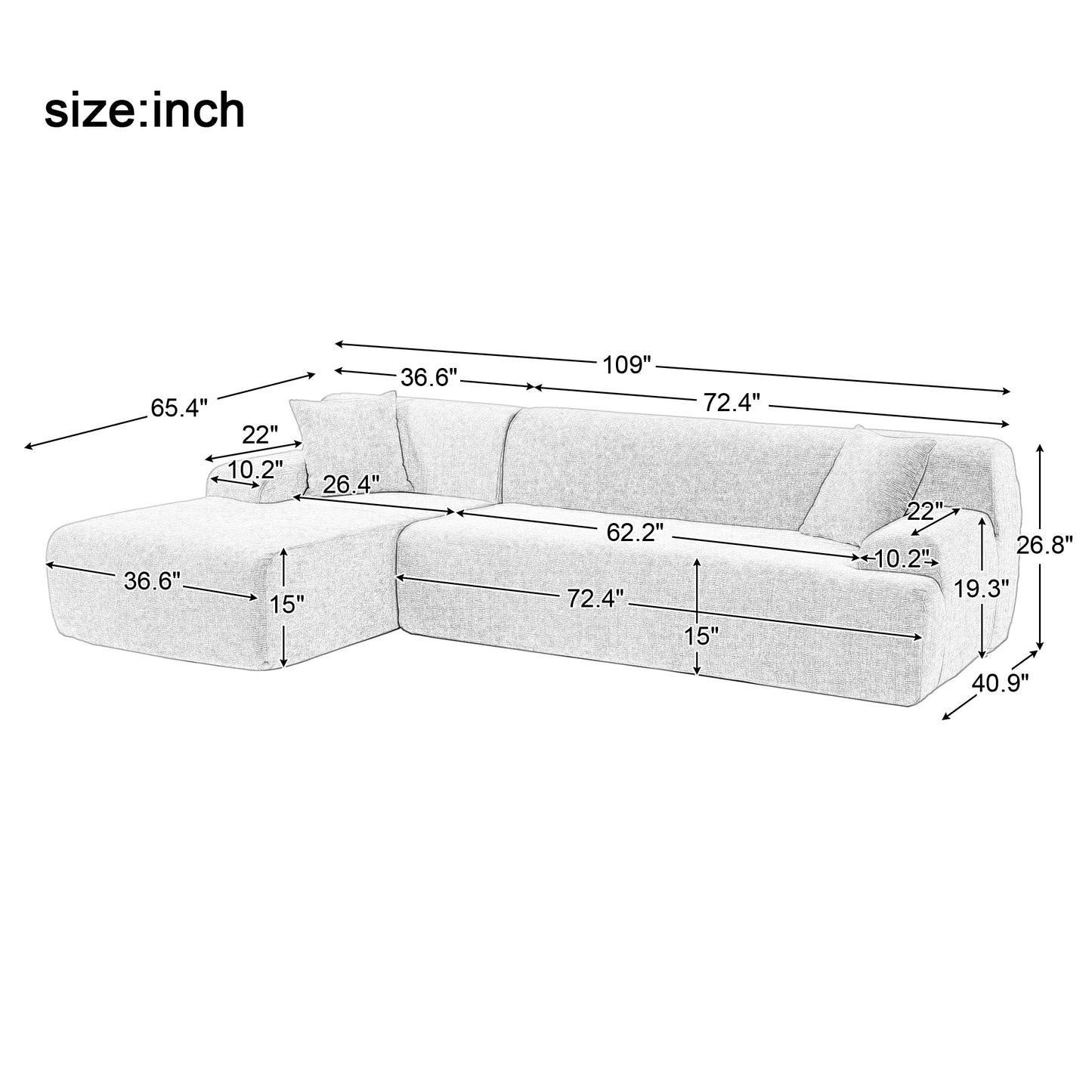 U_Style Modern Large L-Shape Modular Sectional Sofa for Living Room, Bedroom, Salon, 2 Piece Free Combination, Simplified Style