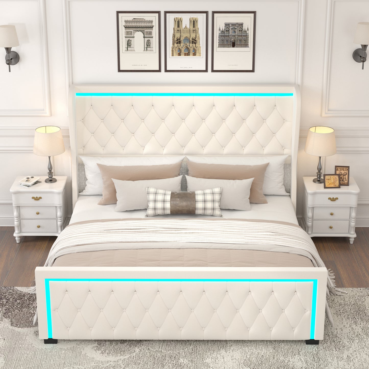 King Platform Bed Frame, Velvet Upholstered Bed with Deep Tufted Buttons, Adjustable Colorful Lighted Strip Decorative Headboard, Wide Wingbacks, BEIGE