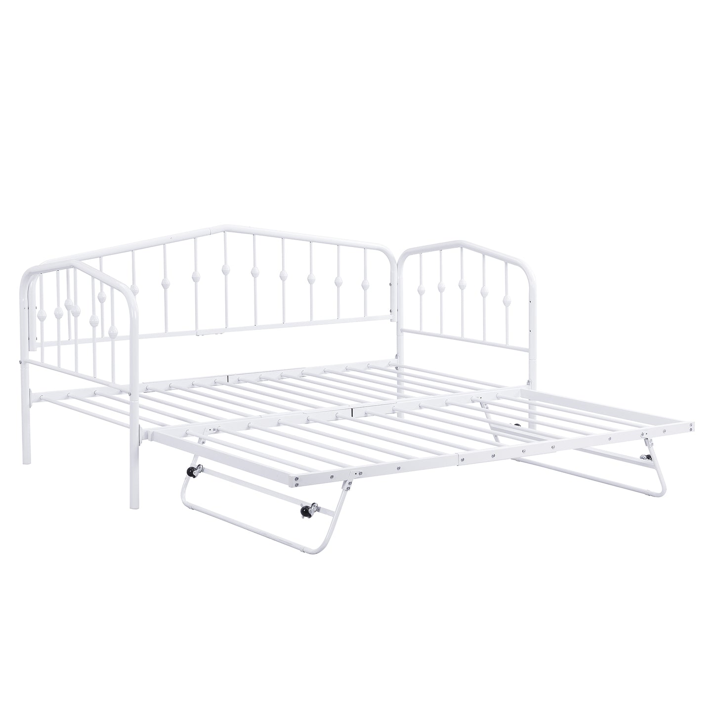 （缺货）Twin Size Stylish Metal Daybed with Twin Size Adjustable Trundle, Portable Folding Trundle, White