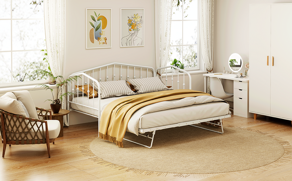 （缺货）Twin Size Stylish Metal Daybed with Twin Size Adjustable Trundle, Portable Folding Trundle, White