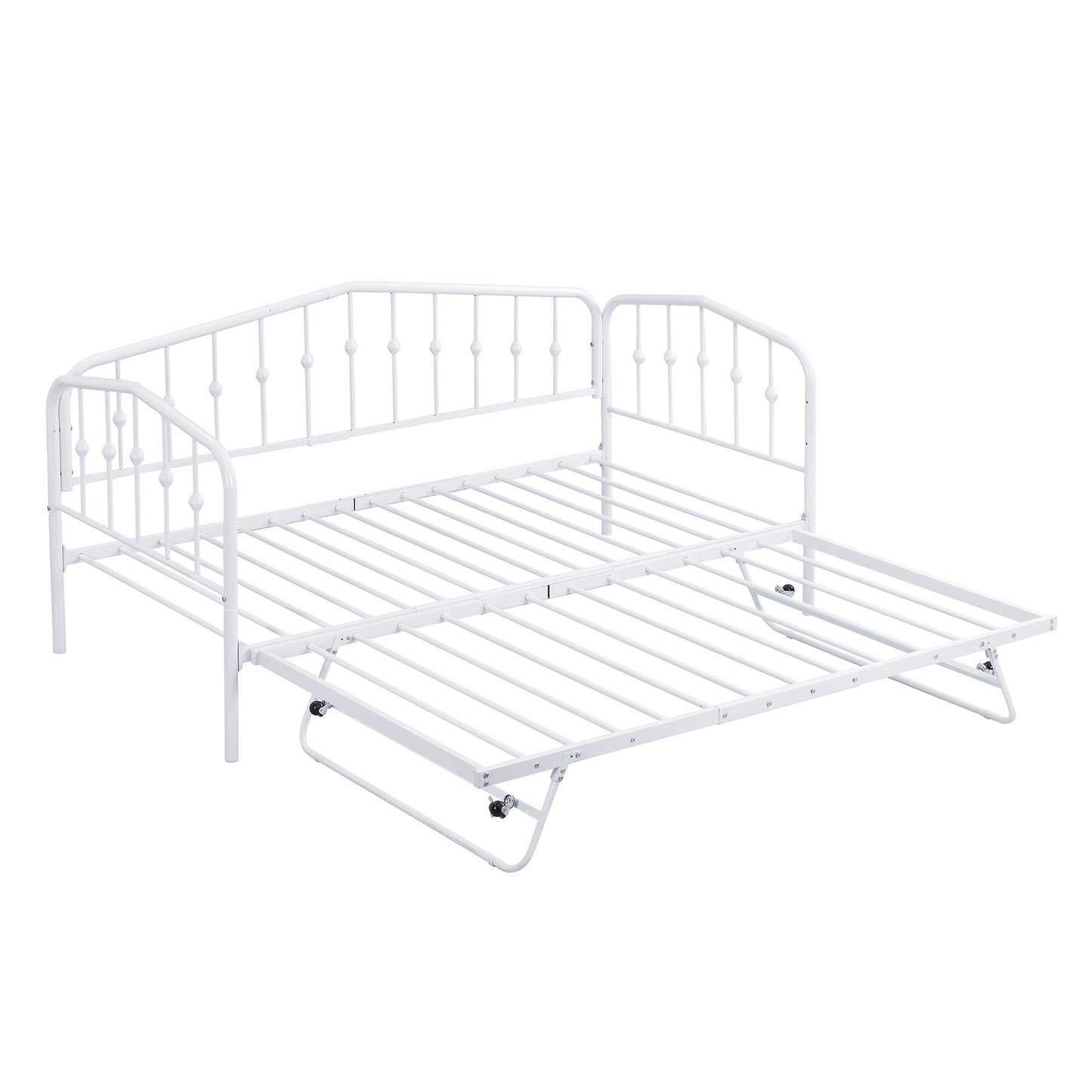 （缺货）Twin Size Stylish Metal Daybed with Twin Size Adjustable Trundle, Portable Folding Trundle, White