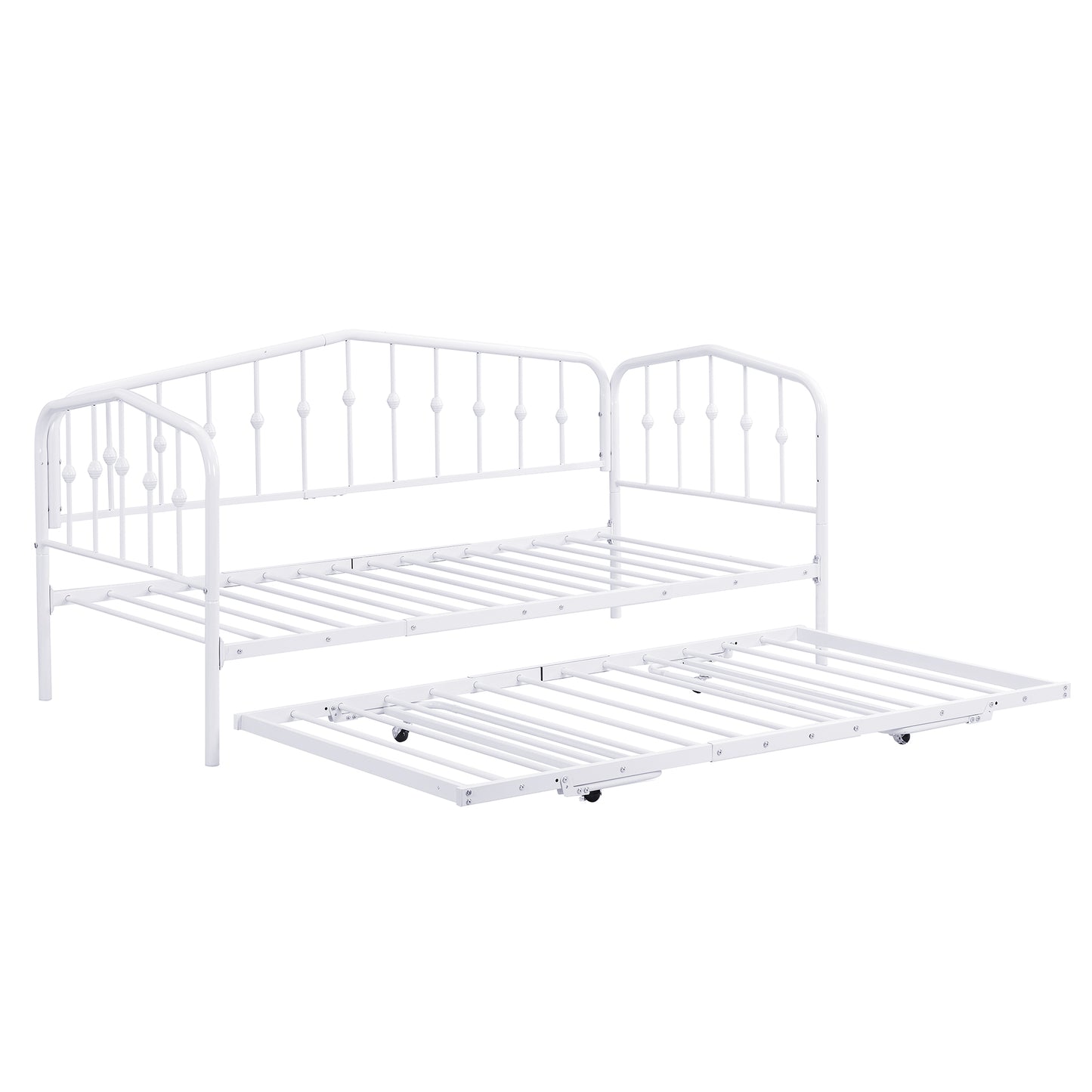 （缺货）Twin Size Stylish Metal Daybed with Twin Size Adjustable Trundle, Portable Folding Trundle, White