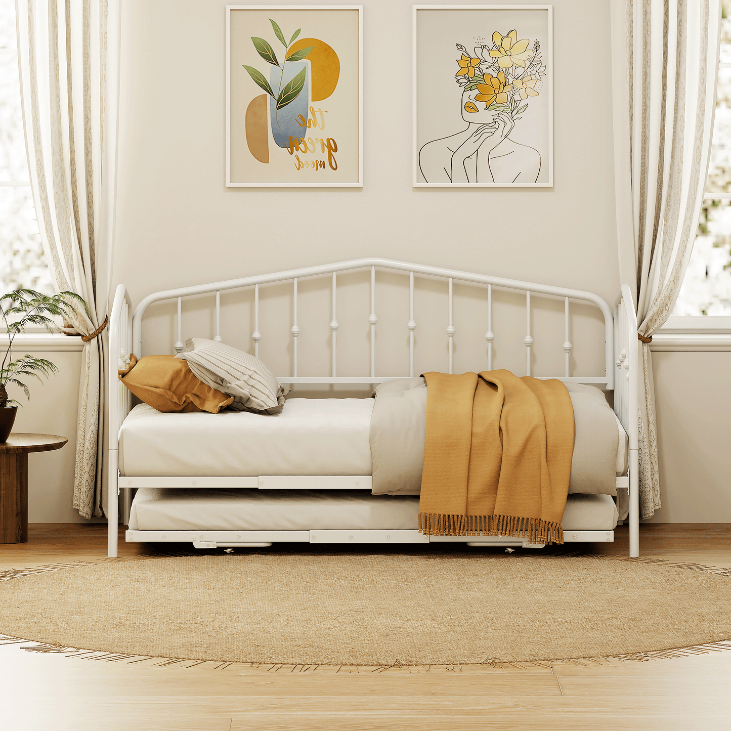 （缺货）Twin Size Stylish Metal Daybed with Twin Size Adjustable Trundle, Portable Folding Trundle, White