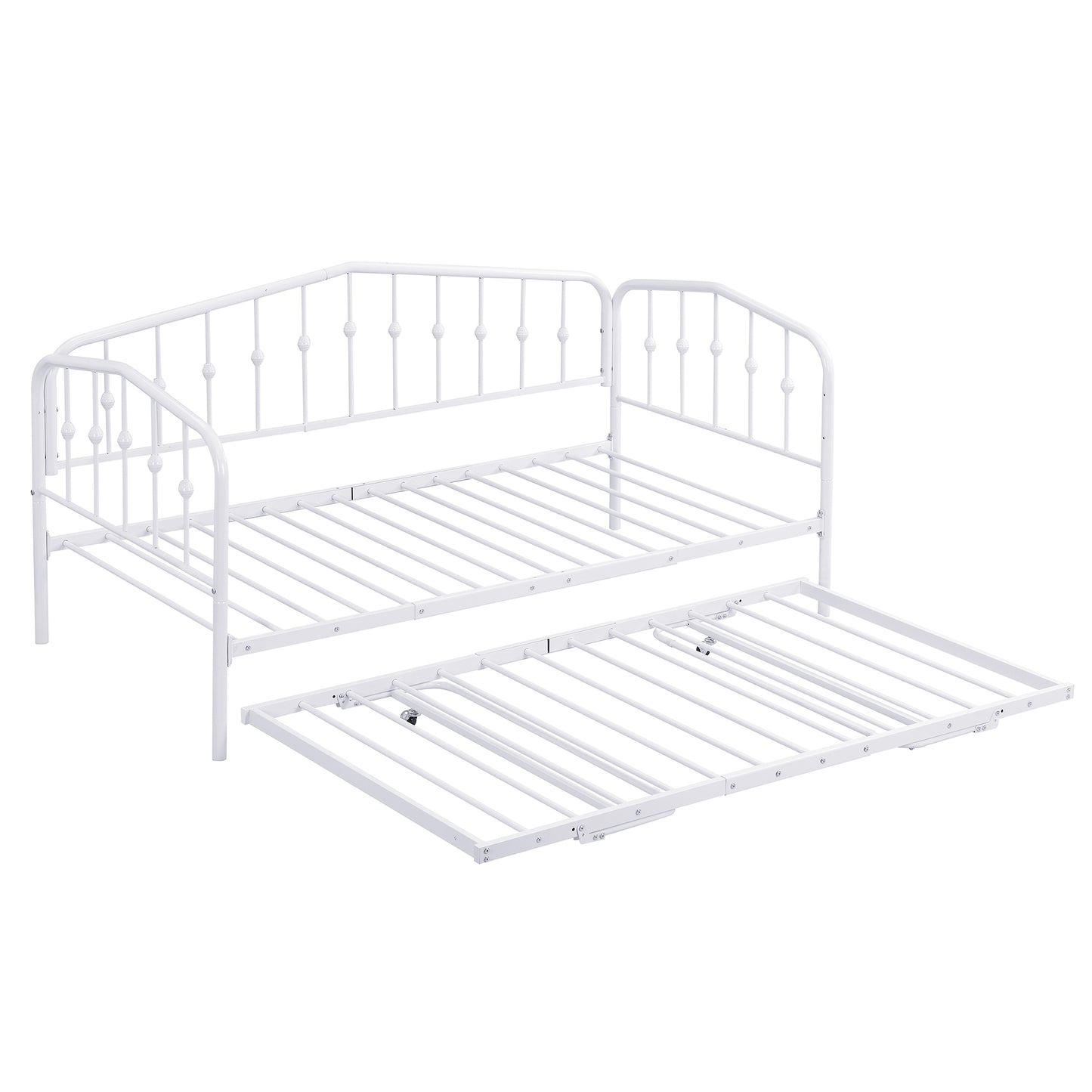 （缺货）Twin Size Stylish Metal Daybed with Twin Size Adjustable Trundle, Portable Folding Trundle, White