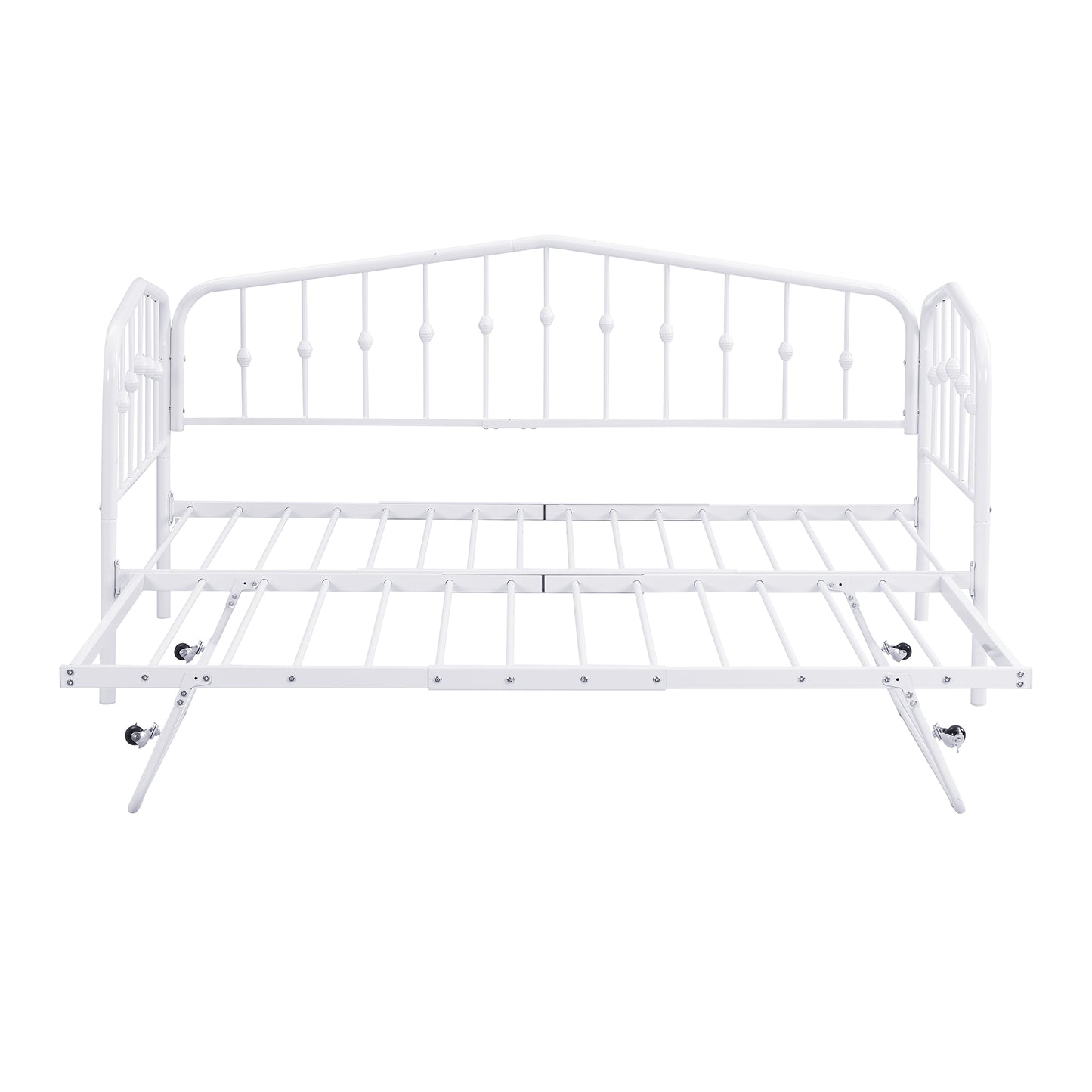 （缺货）Twin Size Stylish Metal Daybed with Twin Size Adjustable Trundle, Portable Folding Trundle, White