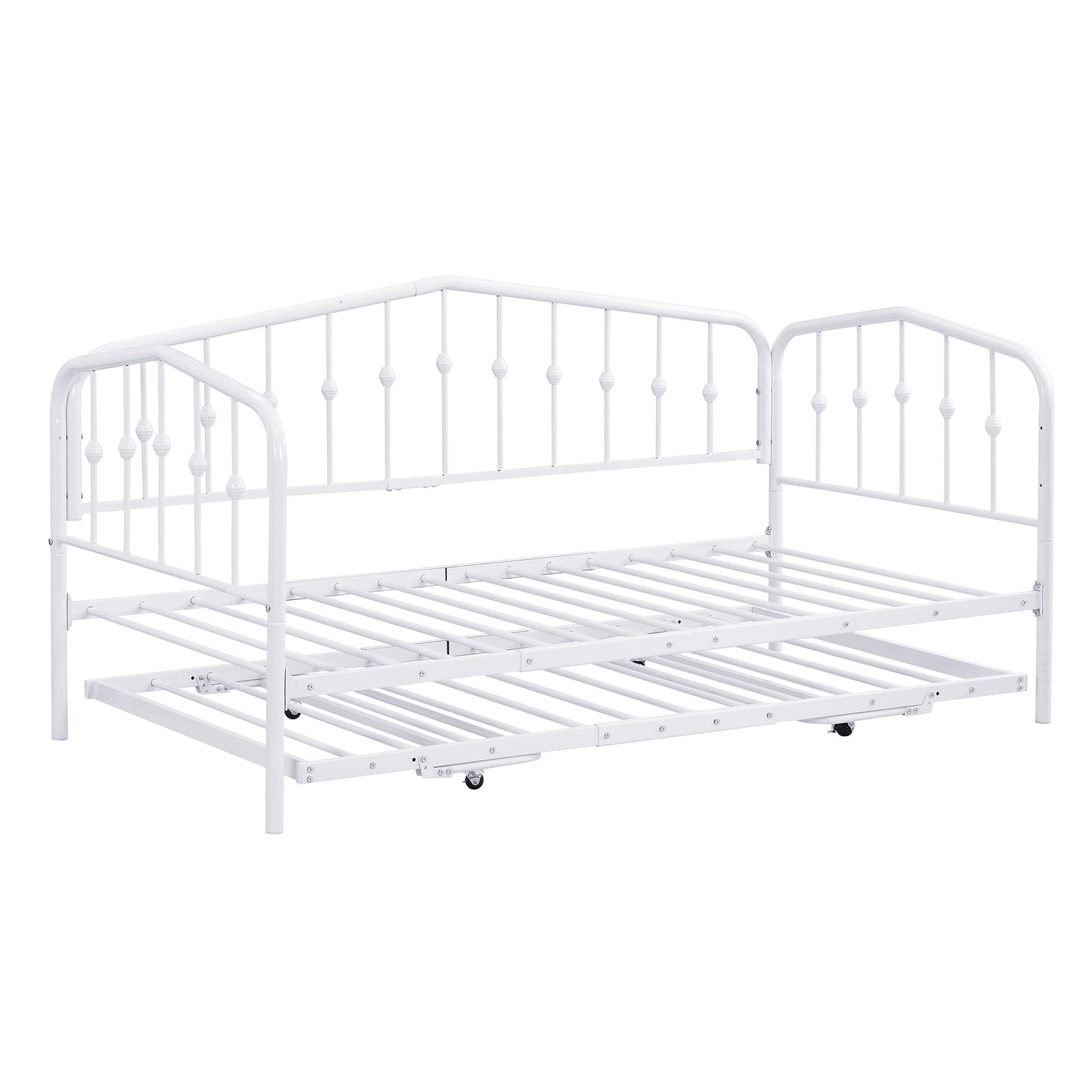 （缺货）Twin Size Stylish Metal Daybed with Twin Size Adjustable Trundle, Portable Folding Trundle, White