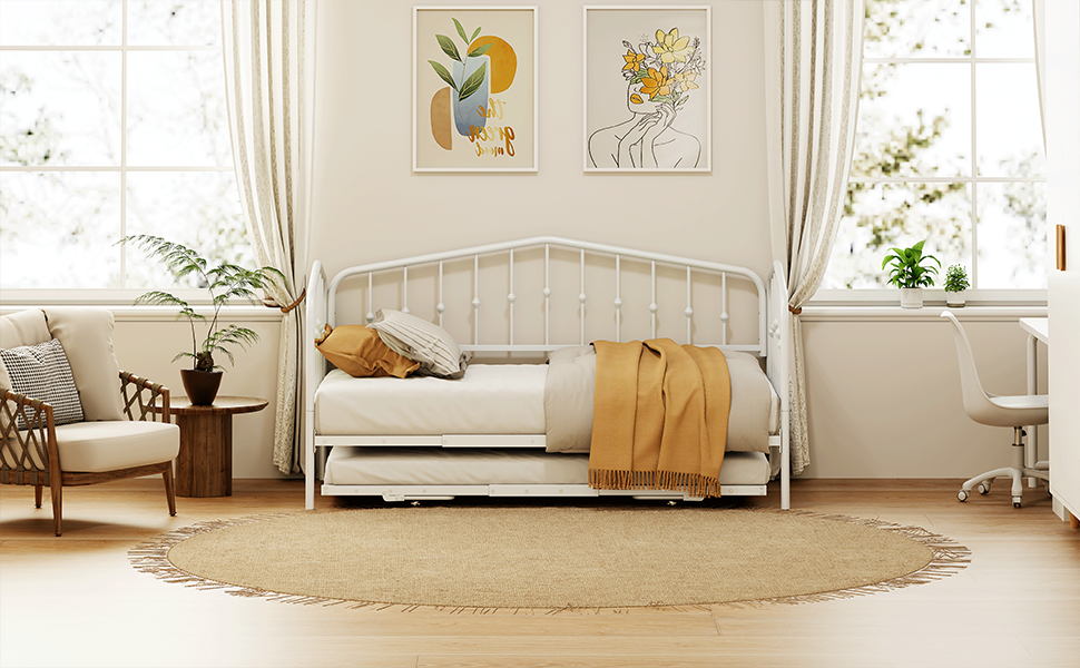 （缺货）Twin Size Stylish Metal Daybed with Twin Size Adjustable Trundle, Portable Folding Trundle, White