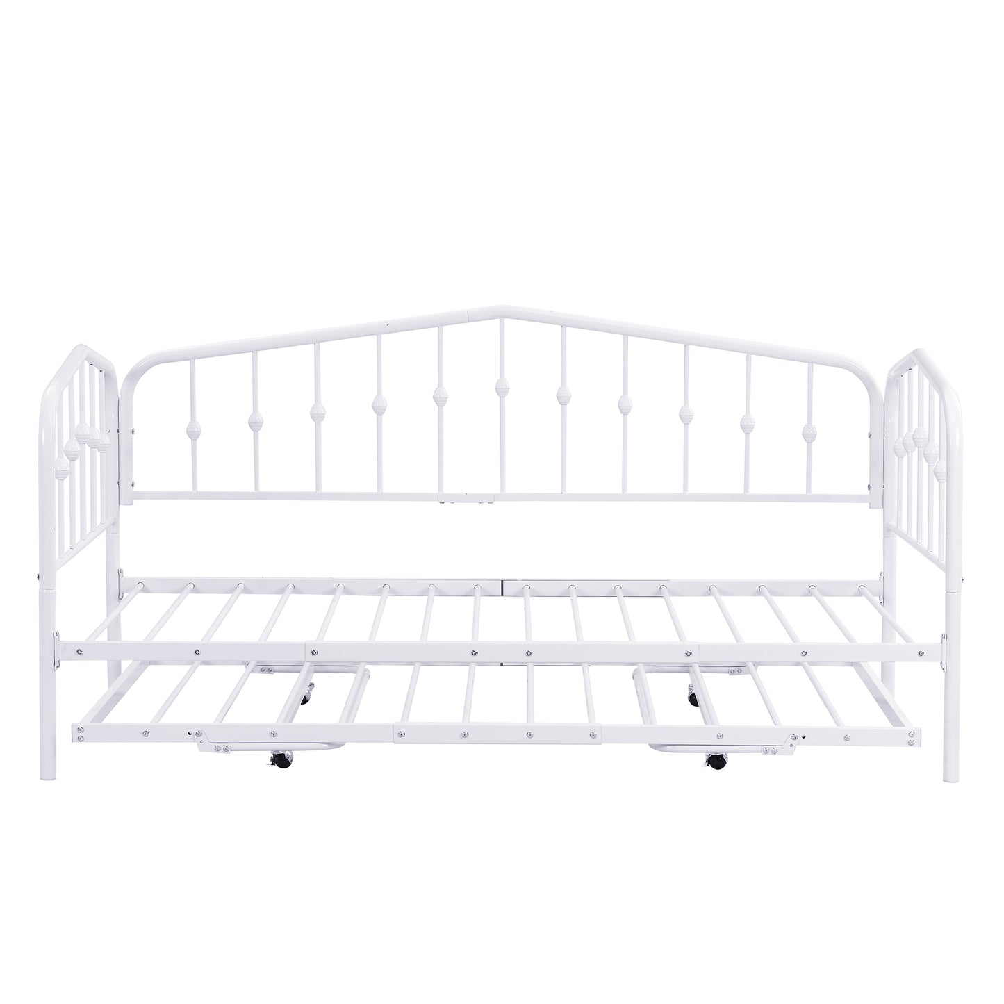 （缺货）Twin Size Stylish Metal Daybed with Twin Size Adjustable Trundle, Portable Folding Trundle, White