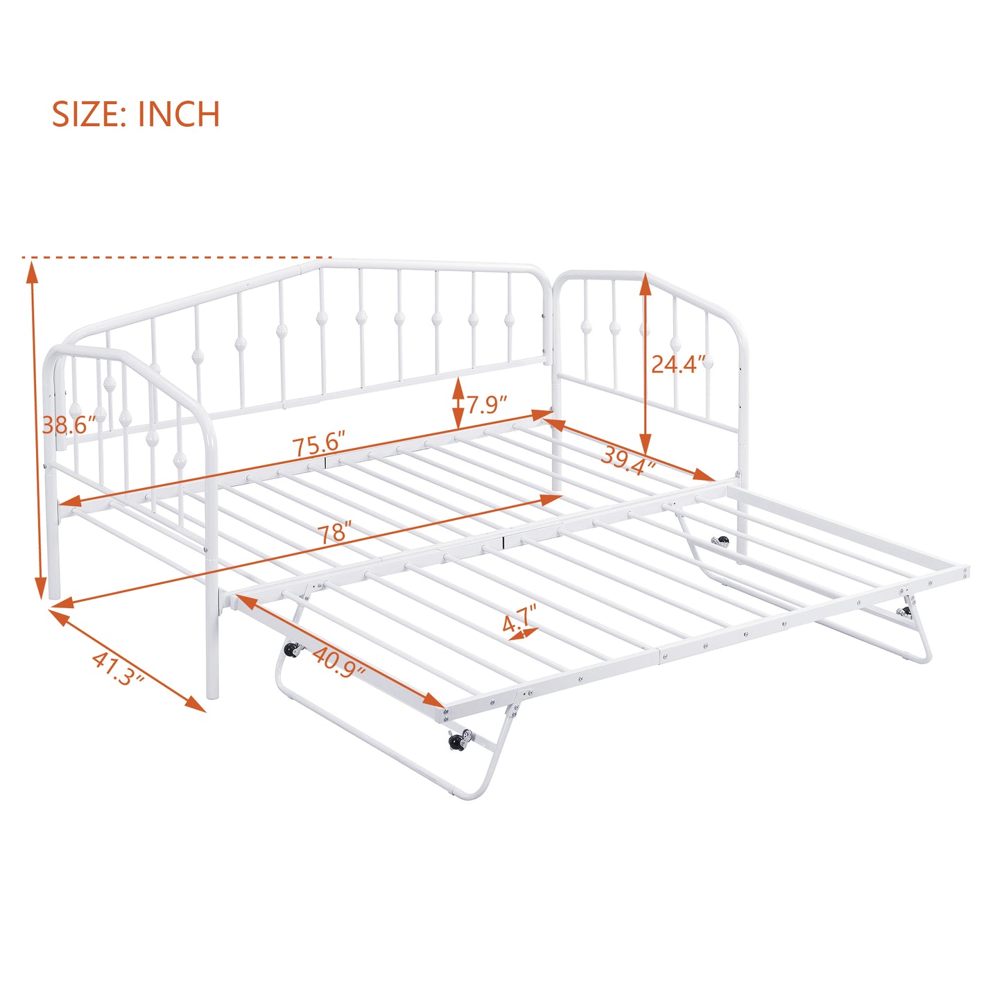 （缺货）Twin Size Stylish Metal Daybed with Twin Size Adjustable Trundle, Portable Folding Trundle, White