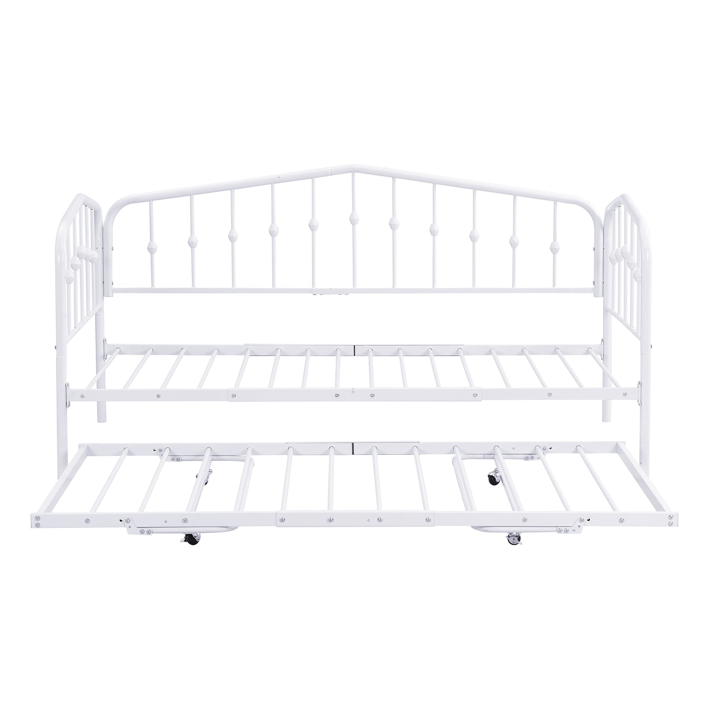 （缺货）Twin Size Stylish Metal Daybed with Twin Size Adjustable Trundle, Portable Folding Trundle, White