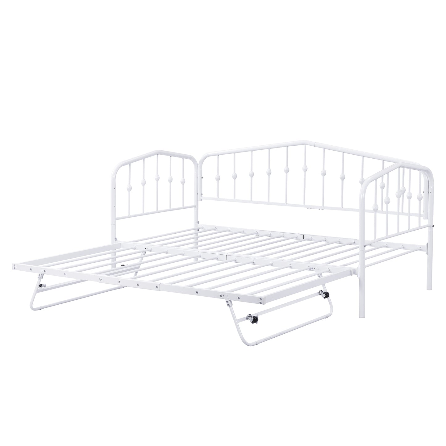 （缺货）Twin Size Stylish Metal Daybed with Twin Size Adjustable Trundle, Portable Folding Trundle, White