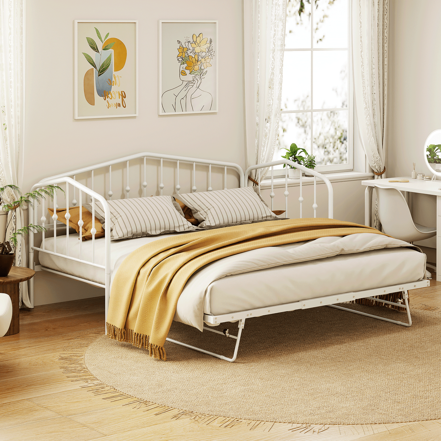 （缺货）Twin Size Stylish Metal Daybed with Twin Size Adjustable Trundle, Portable Folding Trundle, White