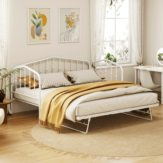 （缺货）Twin Size Stylish Metal Daybed with Twin Size Adjustable Trundle, Portable Folding Trundle, White