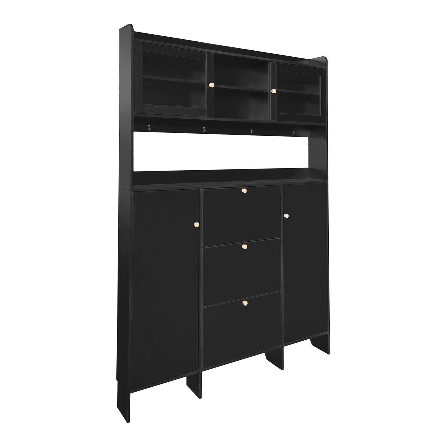 ON-TREND Contemporary Shoe Cabinet with Open Storage Platform, Tempered Glass Hall Tree with 3 Flip Drawers, Versatile Tall Cabinet with 4 Hanging Hooks for Hallway, Black