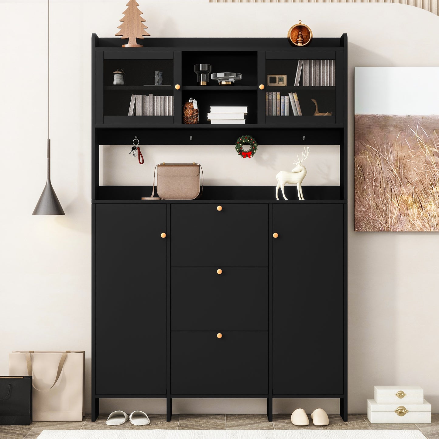 ON-TREND Contemporary Shoe Cabinet with Open Storage Platform, Tempered Glass Hall Tree with 3 Flip Drawers, Versatile Tall Cabinet with 4 Hanging Hooks for Hallway, Black