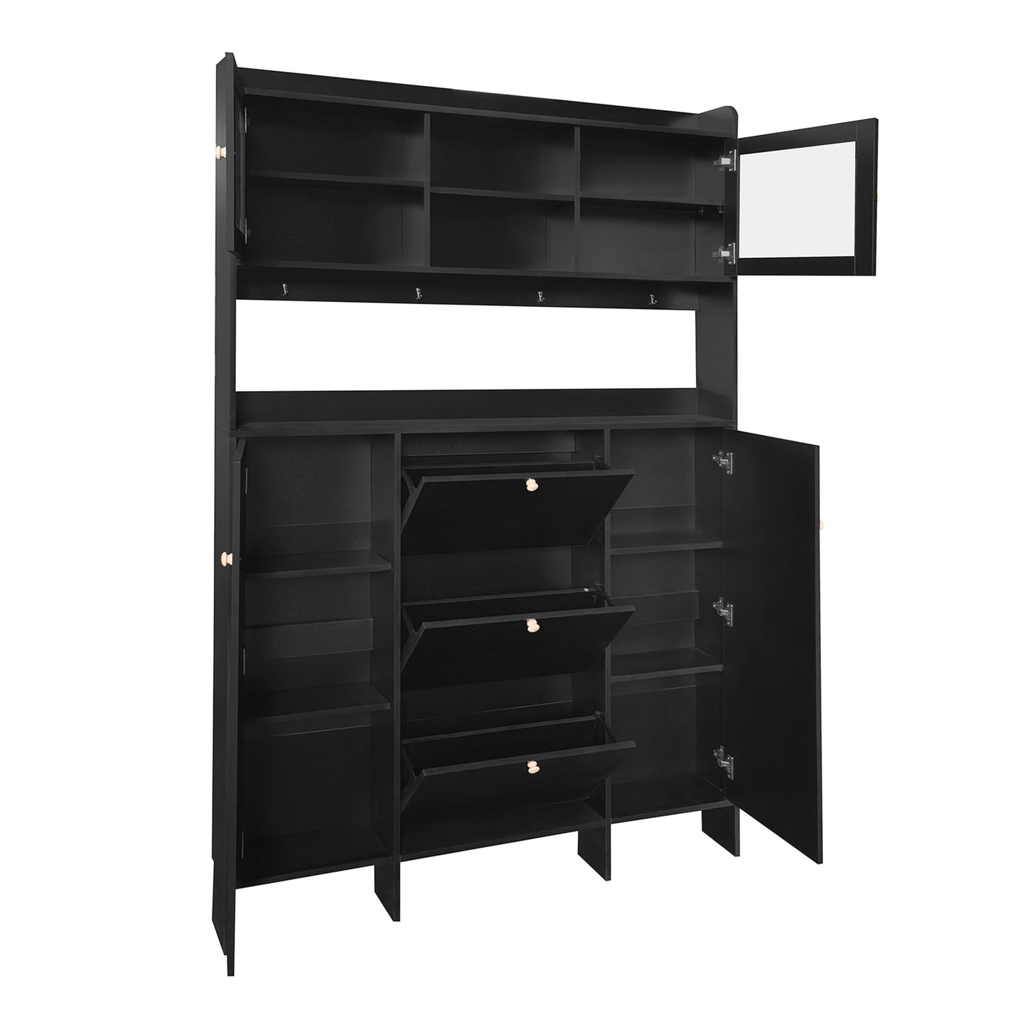 ON-TREND Contemporary Shoe Cabinet with Open Storage Platform, Tempered Glass Hall Tree with 3 Flip Drawers, Versatile Tall Cabinet with 4 Hanging Hooks for Hallway, Black