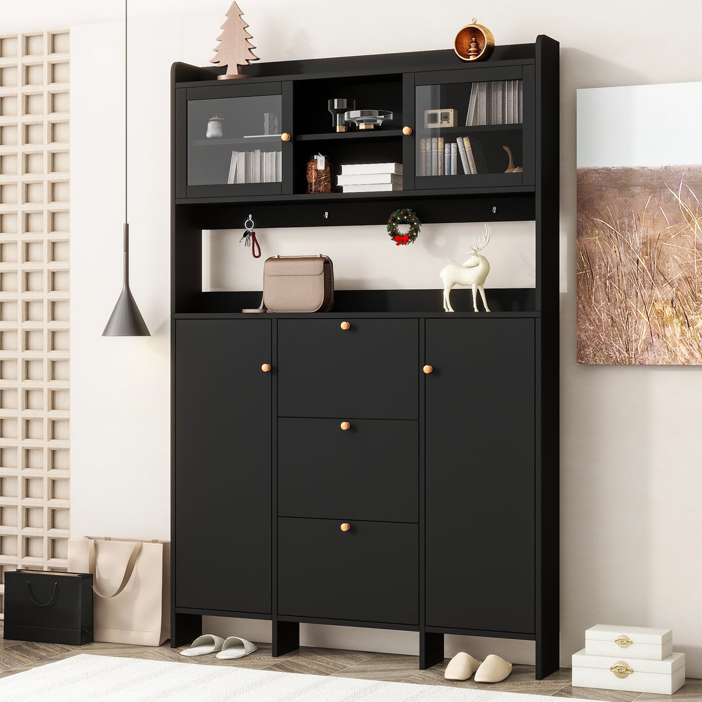 ON-TREND Contemporary Shoe Cabinet with Open Storage Platform, Tempered Glass Hall Tree with 3 Flip Drawers, Versatile Tall Cabinet with 4 Hanging Hooks for Hallway, Black