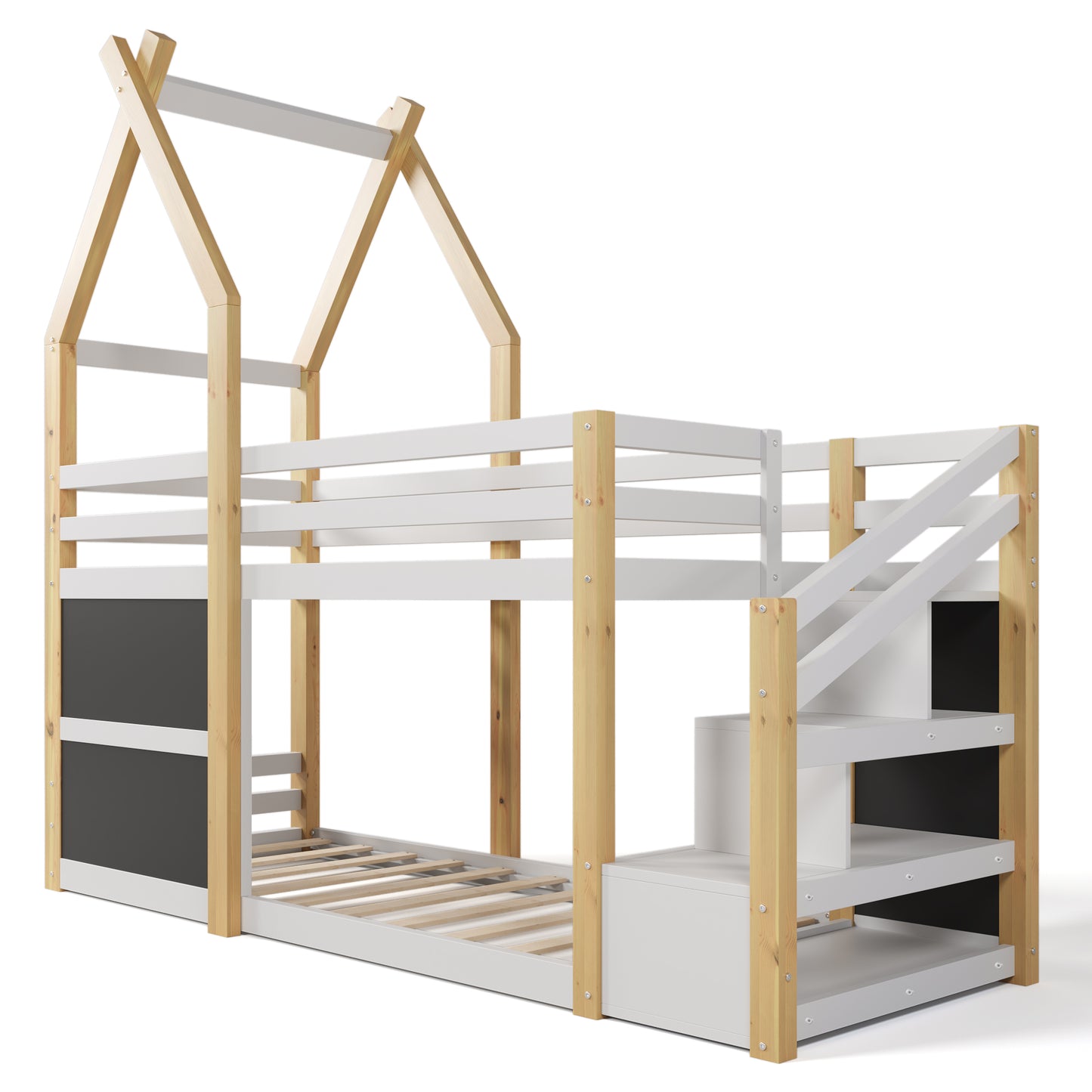 Twin over Twin House Bunk Bed with White Storage Staircase and 2 Blackboards, White and Natural