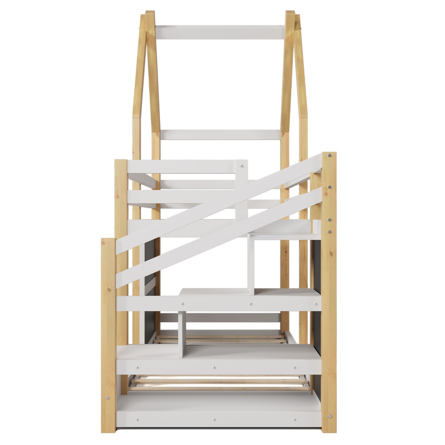 Twin over Twin House Bunk Bed with White Storage Staircase and 2 Blackboards, White and Natural