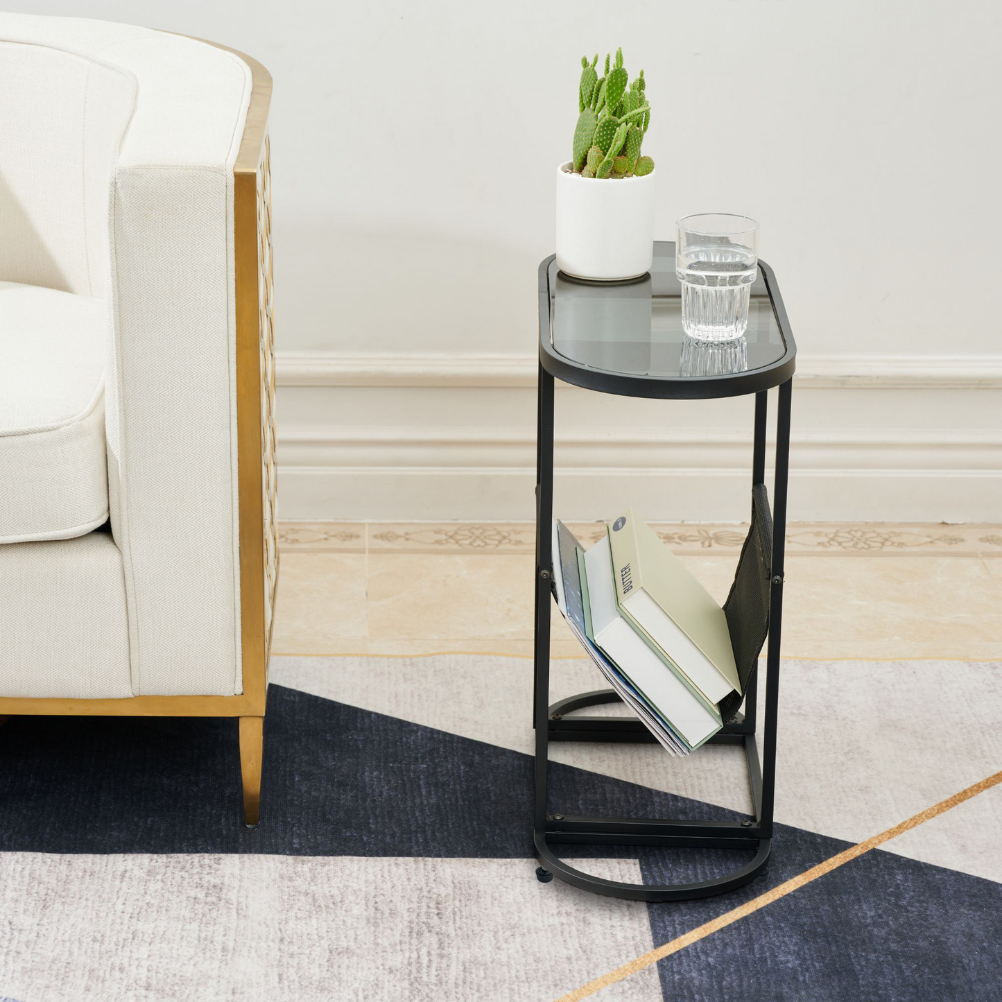 Glass Oval Small Side Tables Living Room Small Space With Magazines Organizer Storage Space