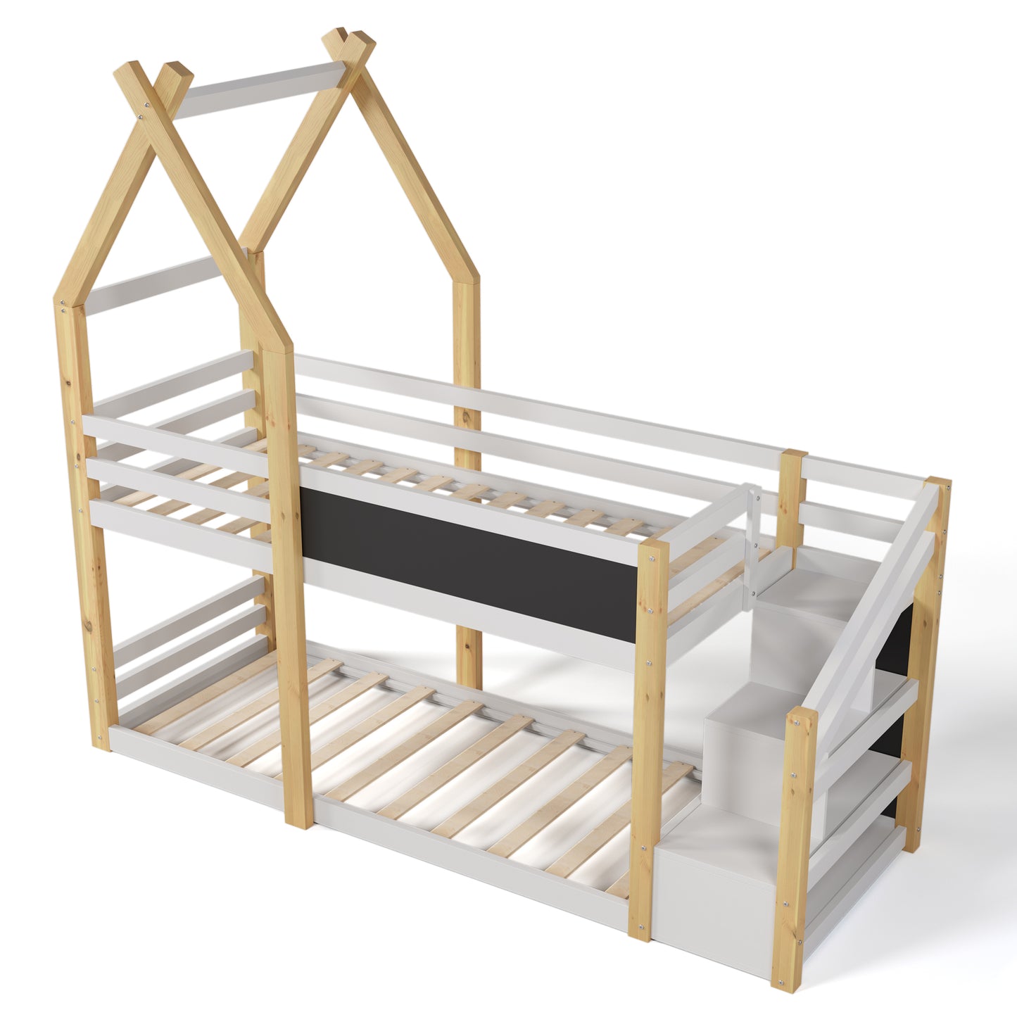 Twin over Twin House Bunk Bed with White Storage Staircase and Blackboard, White and Natural