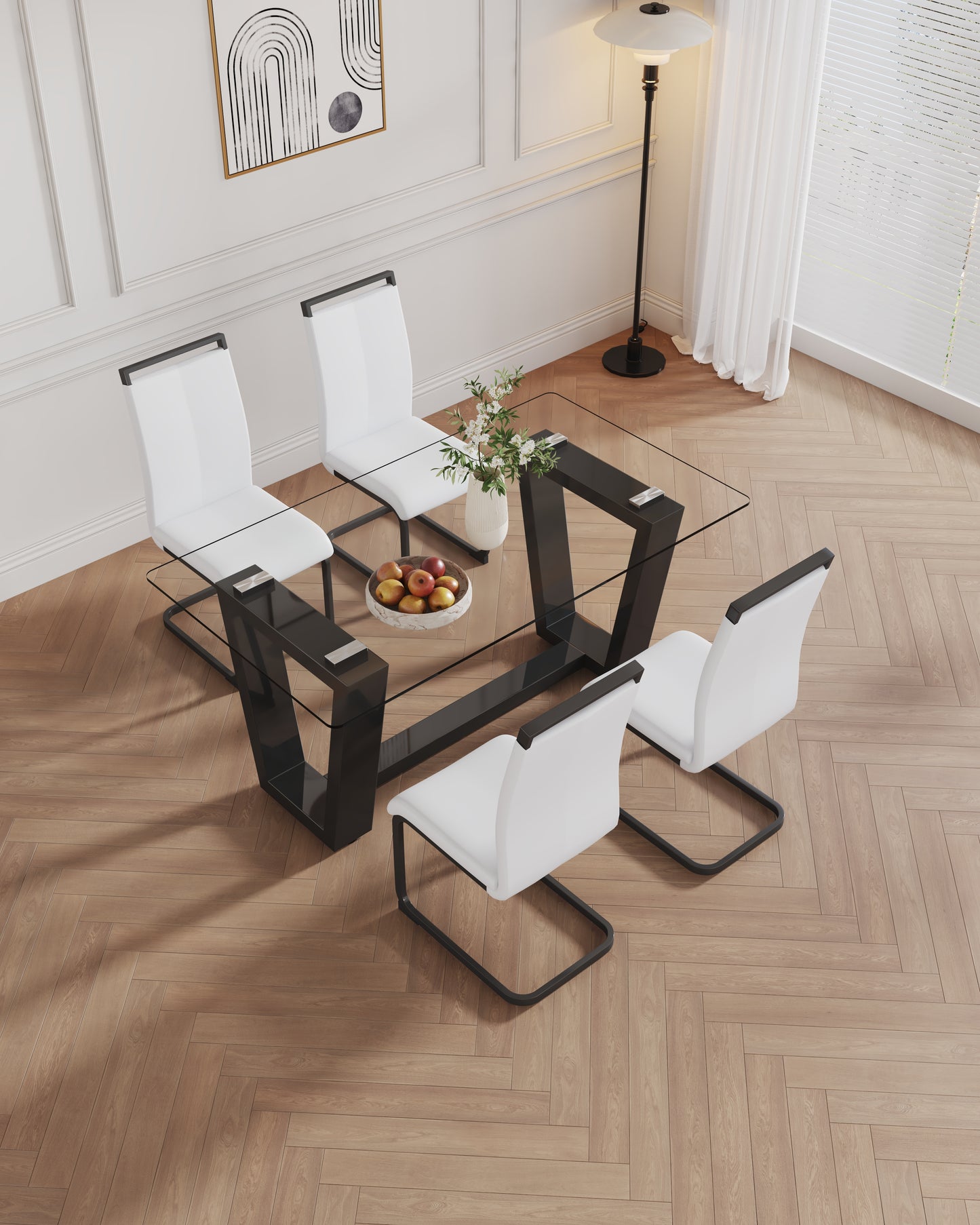 Table and chair set, 1 table with 4 white chairs. 0.4 "tempered glass desktop and black MDF, PU artificial leather high backrest cushion side chair, C-shaped tube black coated metal legs.