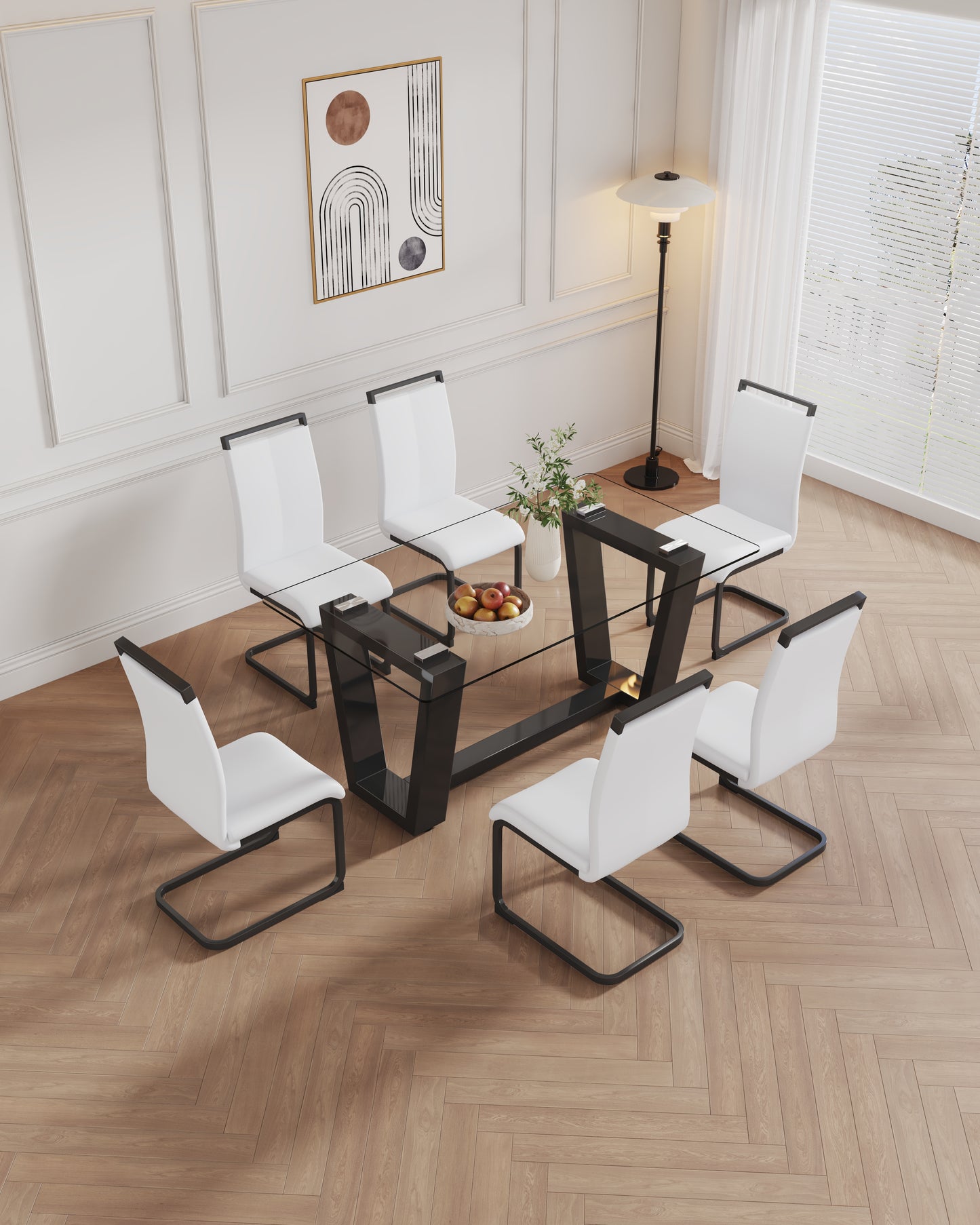 Table and chair set, 1 table with 4 white chairs. 0.4 "tempered glass desktop and black MDF, PU artificial leather high backrest cushion side chair, C-shaped tube black coated metal legs.