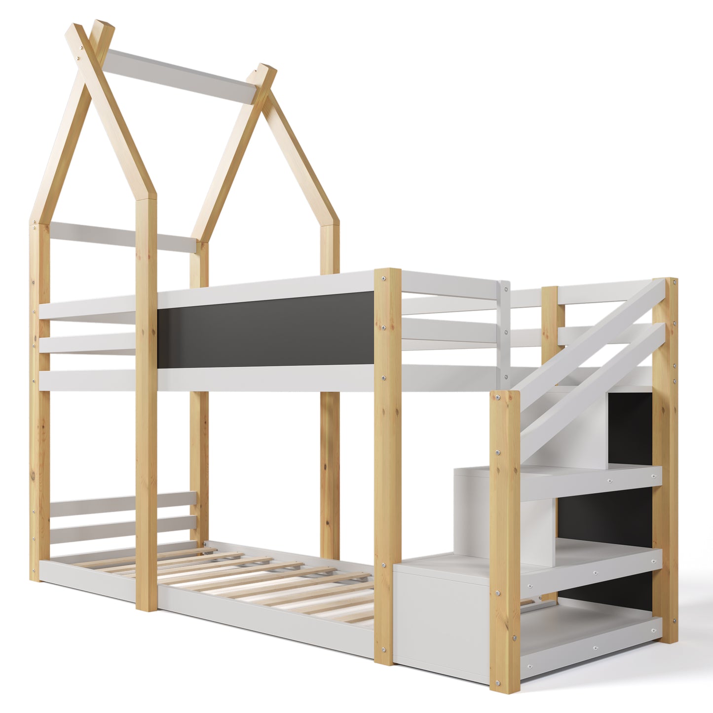 Twin over Twin House Bunk Bed with White Storage Staircase and Blackboard, White and Natural