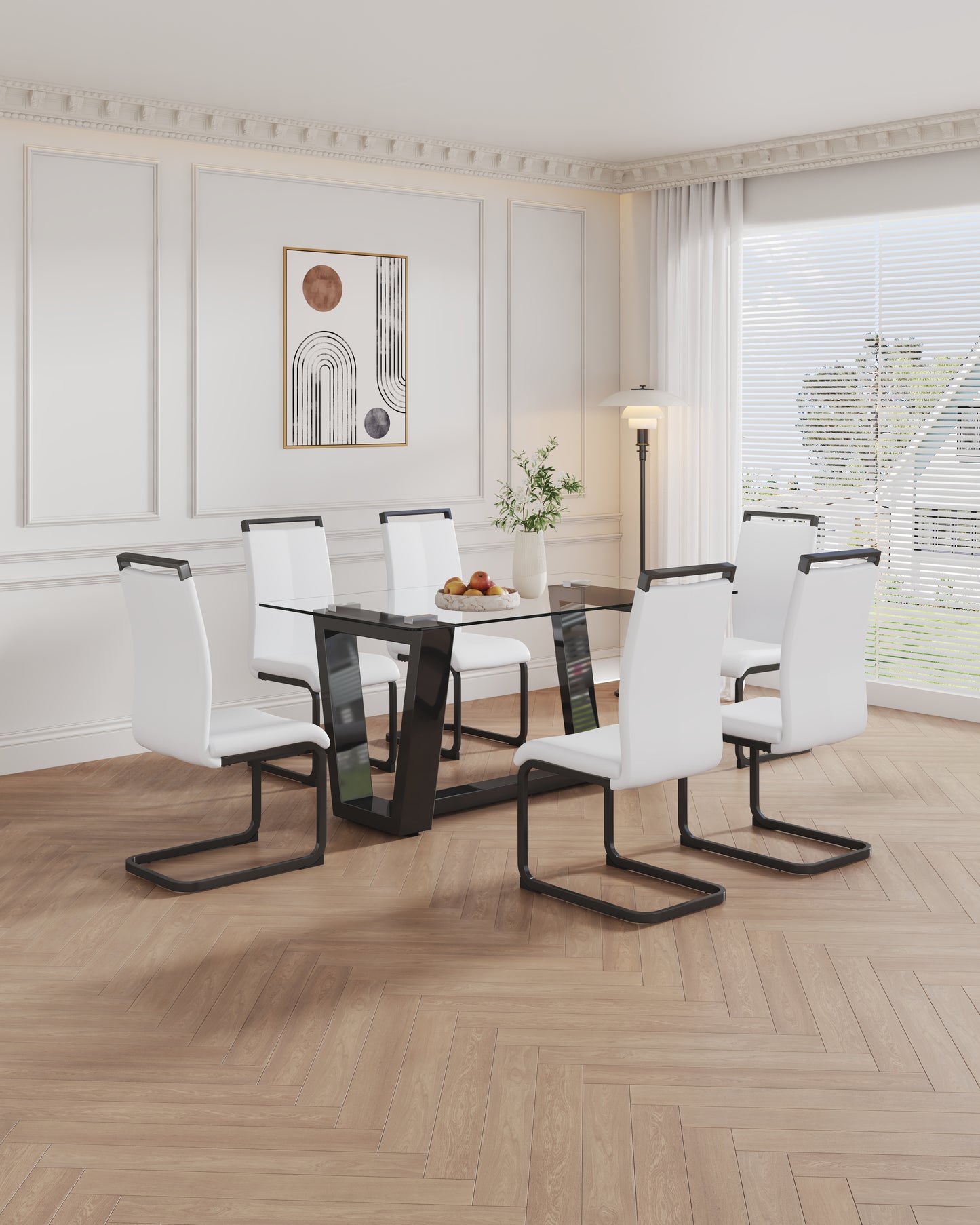 Table and chair set, 1 table with 4 white chairs. 0.4 "tempered glass desktop and black MDF, PU artificial leather high backrest cushion side chair, C-shaped tube black coated metal legs.