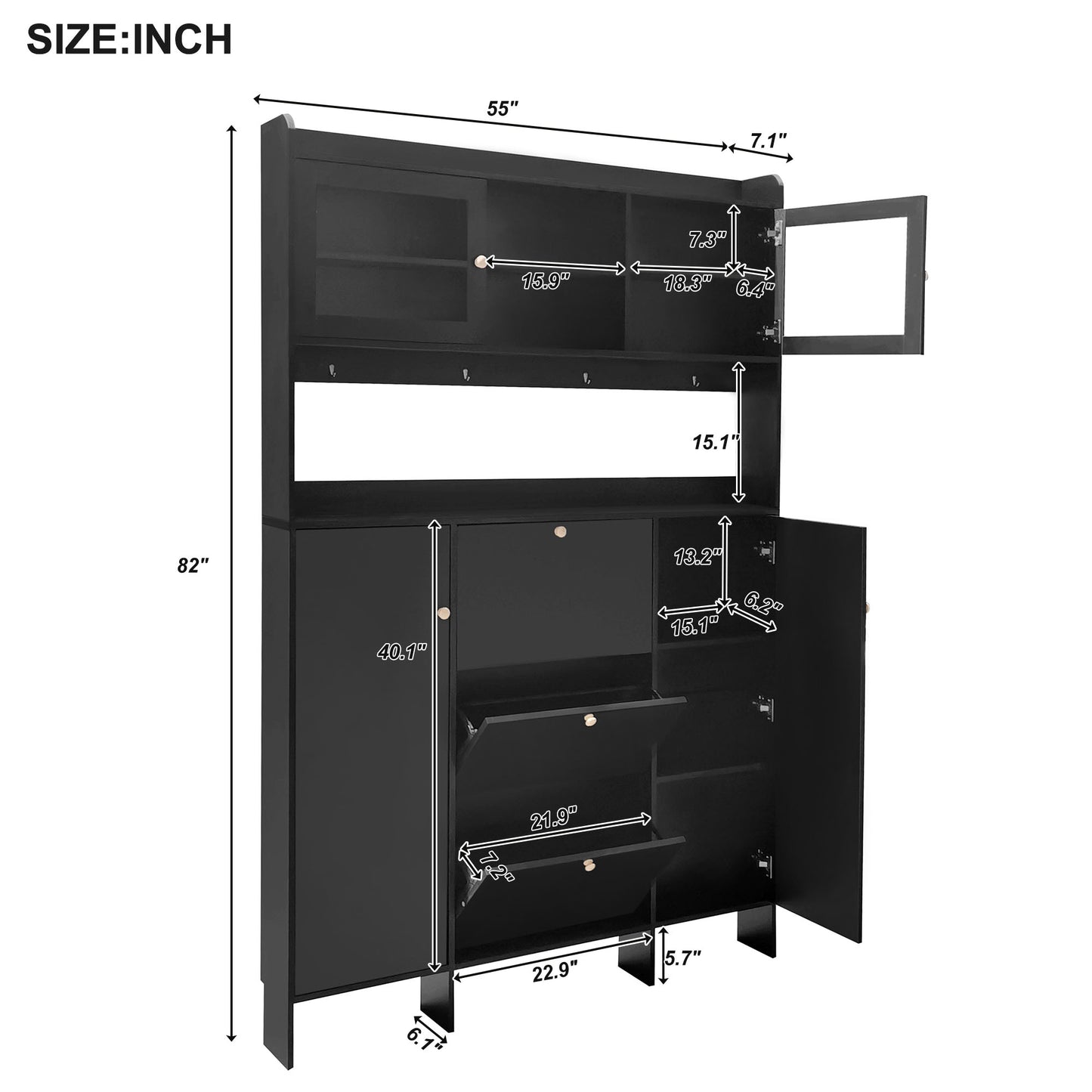 ON-TREND Contemporary Shoe Cabinet with Open Storage Platform, Tempered Glass Hall Tree with 3 Flip Drawers, Versatile Tall Cabinet with 4 Hanging Hooks for Hallway, Black