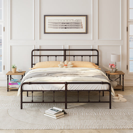 （缺货）King Size Metal Platform Bed Frame with Victorian Style Wrought Iron-Art Headboard/Footboard, Deep Rustic Brown