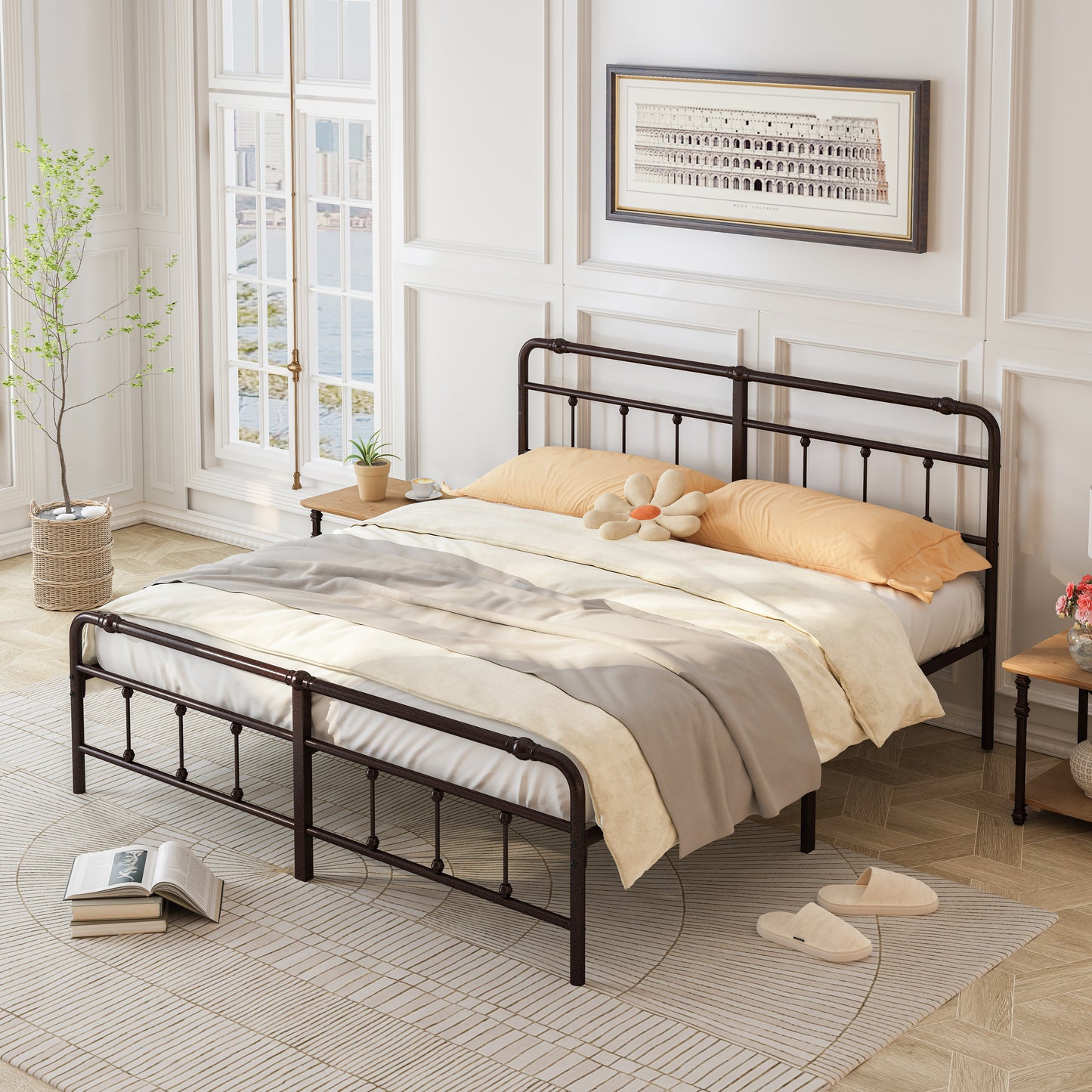 （缺货）King Size Metal Platform Bed Frame with Victorian Style Wrought Iron-Art Headboard/Footboard, Deep Rustic Brown