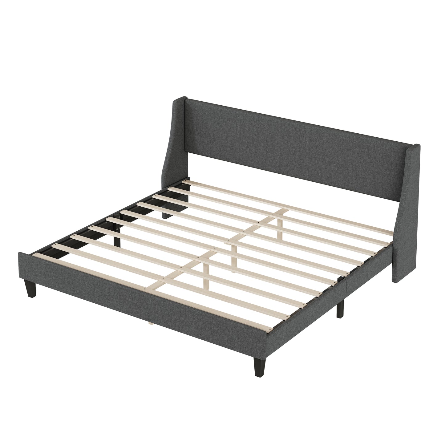 （缺货）King Size Bed Frame Upholstered Bed Frame Platform ,Non-adjustable Headboard Linen Fabric Headboard Wooden Slats Support/No Box Spring Needed/Easy Assembly/Mattress Foundation, Drak gray