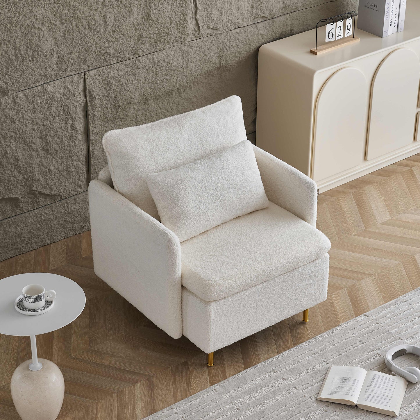 （缺货）Modern Accent Chair, Sherpa Upholstered Cozy Comfy Armchair, Furry Reading Chair with Slim Armrest, Fuzzy Single Club Sofa Chairs for Living room Bedroom Waiting room Office Ivory