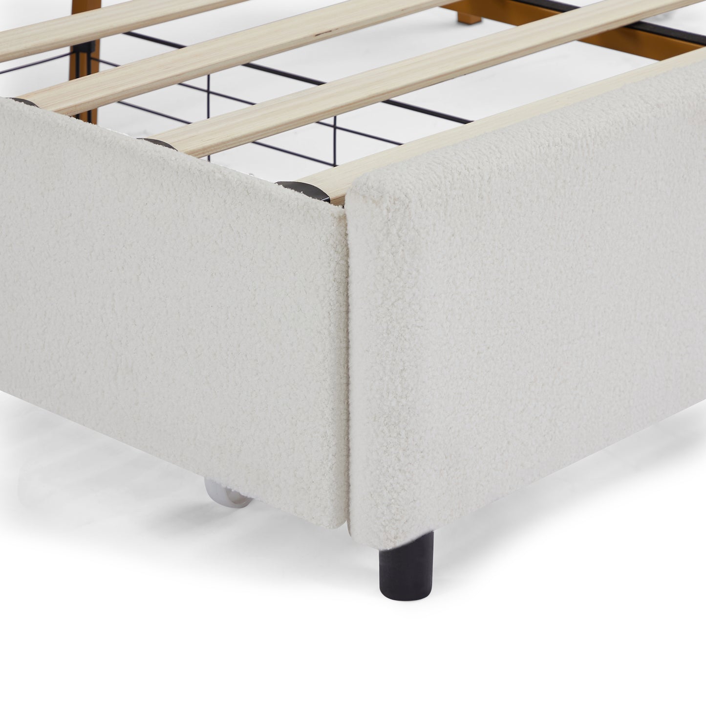 King Size Bed Frame with Drawer, Upholstered Smart Platform Bed with 4-Drawers Strong Wood Slats Support, No Box Spring Needed, Teddy Fleece, White