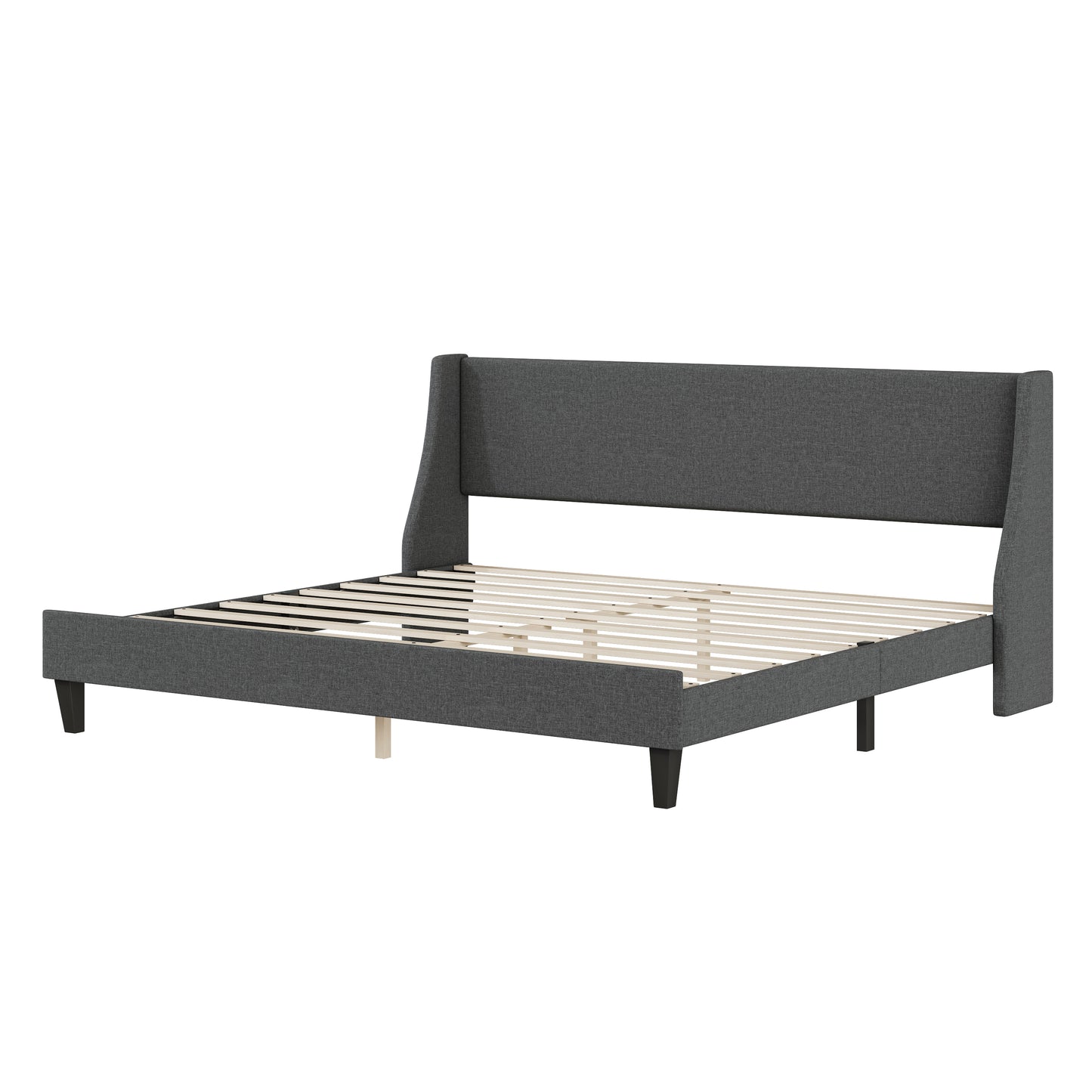 （缺货）King Size Bed Frame Upholstered Bed Frame Platform ,Non-adjustable Headboard Linen Fabric Headboard Wooden Slats Support/No Box Spring Needed/Easy Assembly/Mattress Foundation, Drak gray