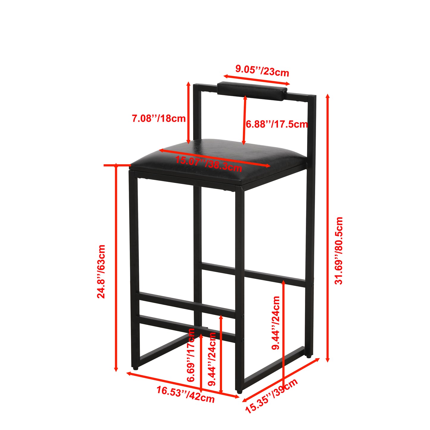 Black Bar Stool with Backrest Set of 2 Counter Height PU Leather Upholstered Bar Chairs with Footrest