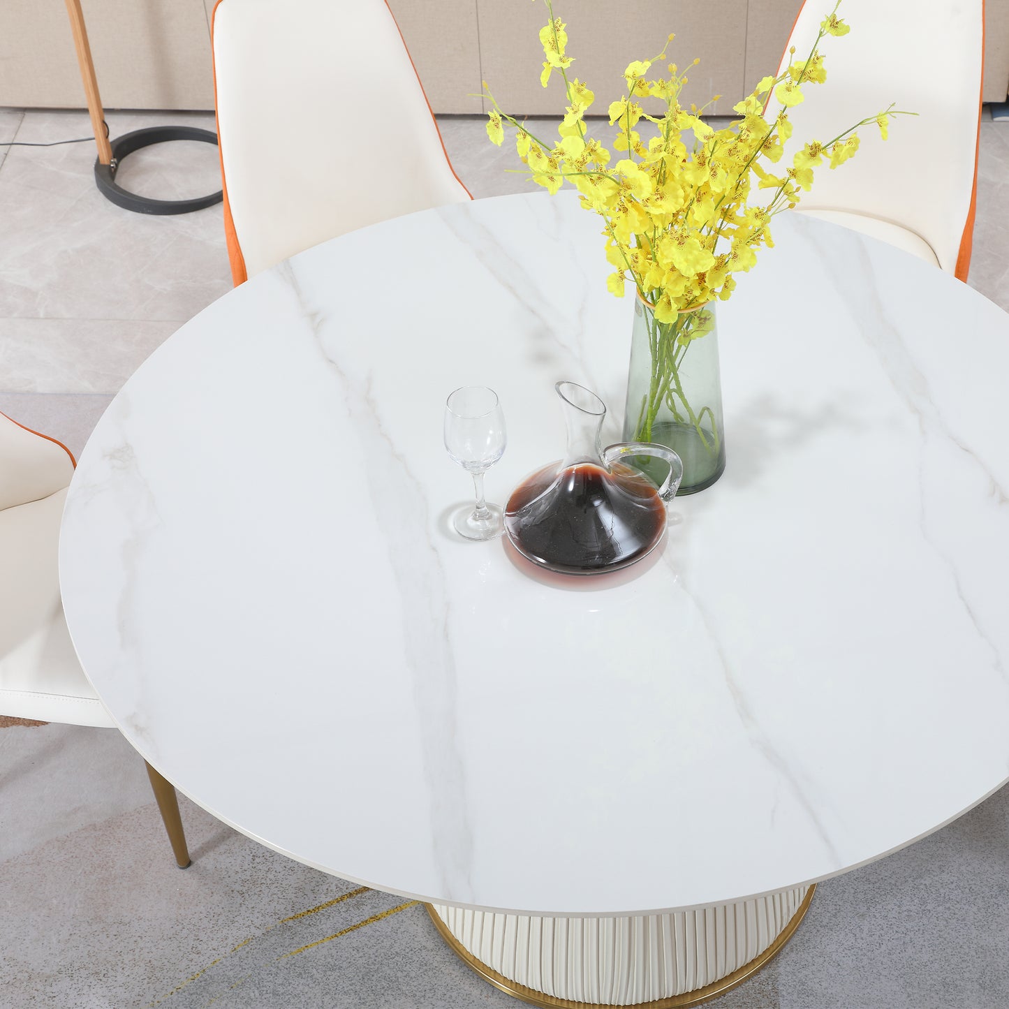 （缺货）53 inch Modern sintered stone round dining table with stainless steel base with 4 pcs chairs