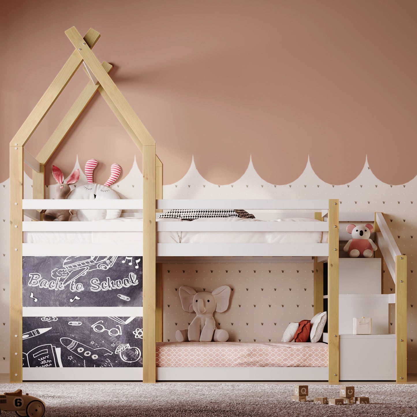 Twin over Twin House Bunk Bed with White Storage Staircase and 2 Blackboards, White and Natural