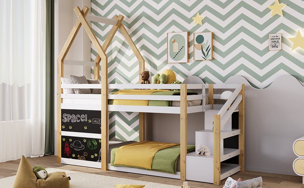 Twin over Twin House Bunk Bed with White Storage Staircase and 2 Blackboards, White and Natural