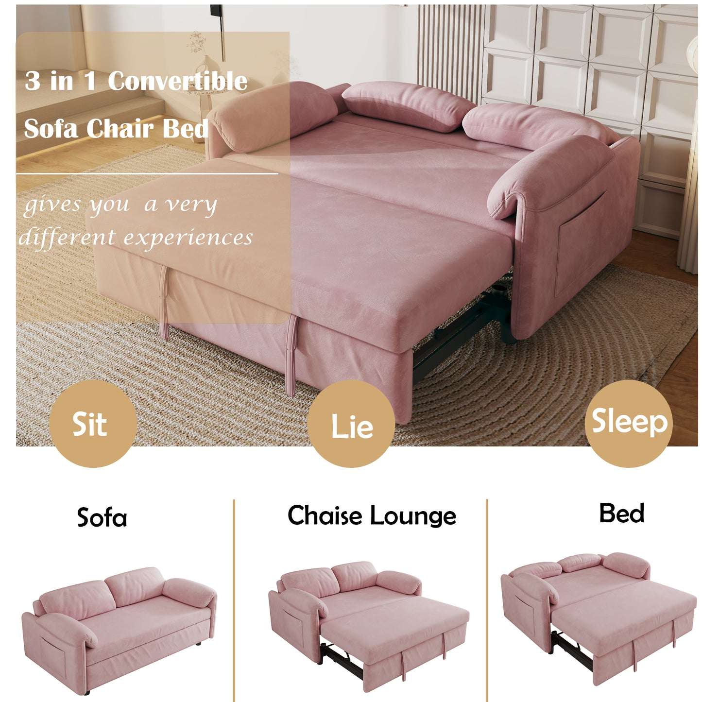 54-inch velvet pink sofa sofa bed Multi-purpose living room retractable bed